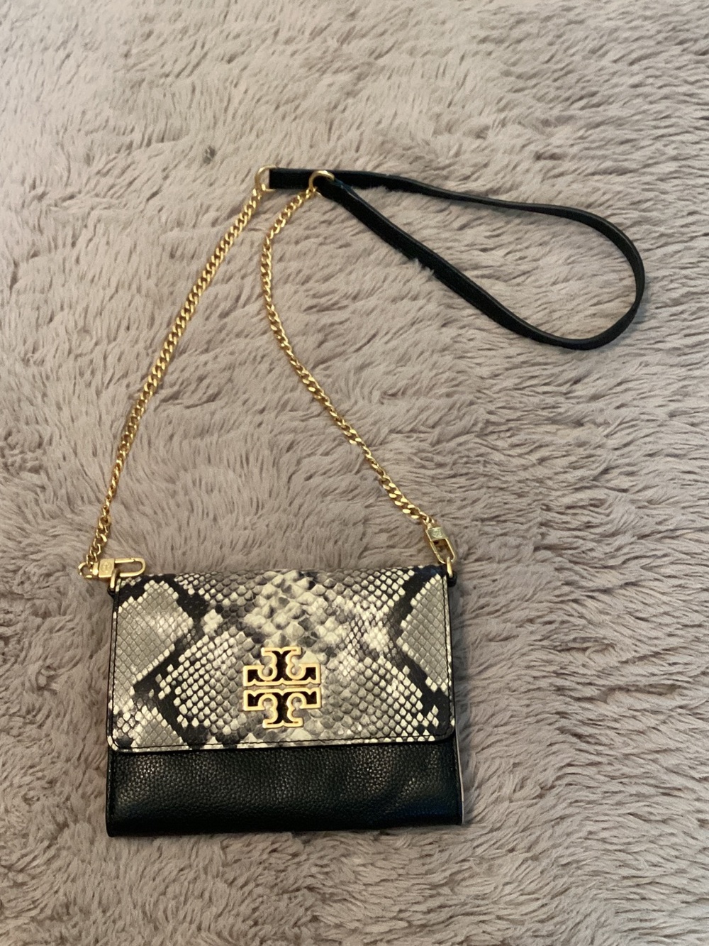 Tory Burch Black & Snake-Print Leather Chain Crossbody